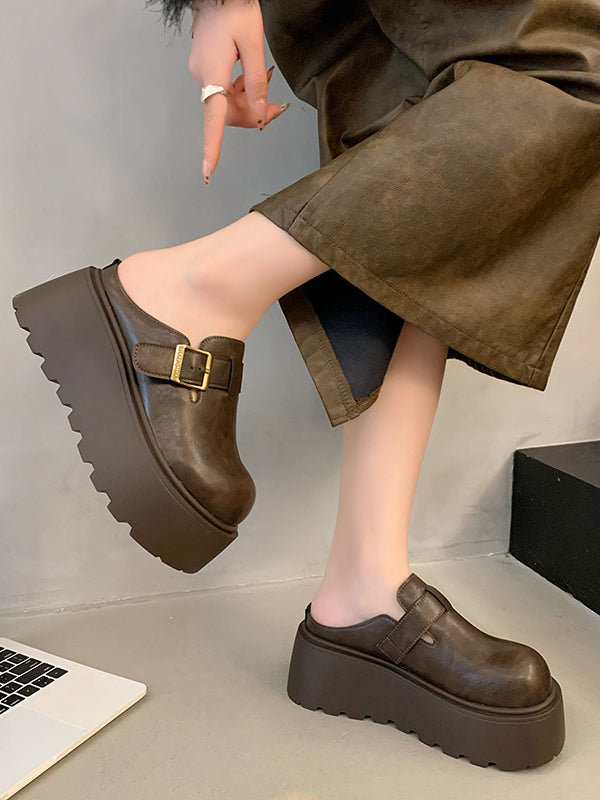 Belt Buckle Round-Toe Split-Joint Loafers Platform Shoes Slippers&Mules