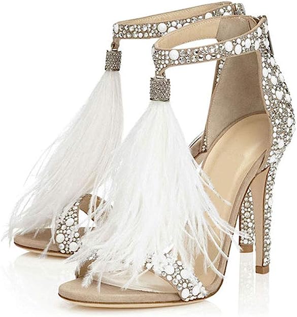 Black Feather Rhinestone Ankle Strap Glitter Tassel Dress Heels