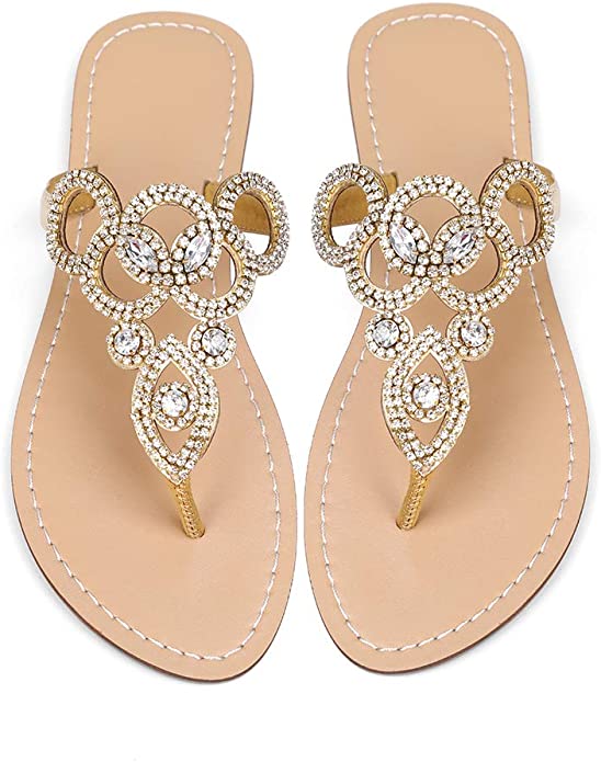 Beaded Design Gold Rhinestone T-Strap Summer Elegant Sandal