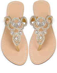 Beaded Design Gold Rhinestone T-Strap Summer Elegant Sandal