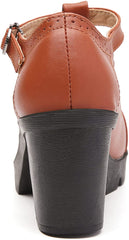 Square Toe Brown Leather Classic T-Strap Dress Pump Shoes