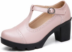 Square Toe Light Pink Leather Classic T-Strap Dress Pump Shoes