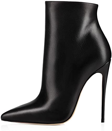 Black Leather Zipper Stiletto Heel Booties
