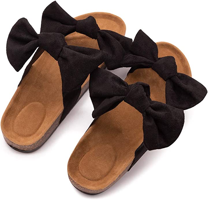 Coral Orange Bow Knot Suede Leather Soft Cork Slip On Sandals