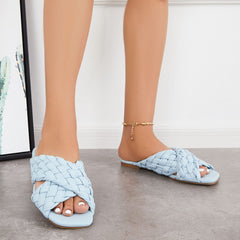 Square Open Toe Sky Blue Braided Cross Band Flat Sandals