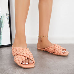 Square Open Toe Pink Braided Cross Band Flat Sandals