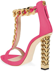 T-Strap Rose Metal Chain Ankle Strap Chunky High Heel Sandals