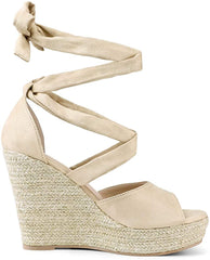 Women's Beige Lace Up Espadrilles Wedge Sandals