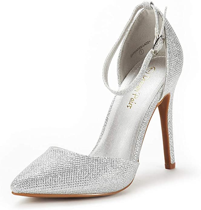 Silver Glitter Ankle Strap Pointed Toe Stiletto Heels