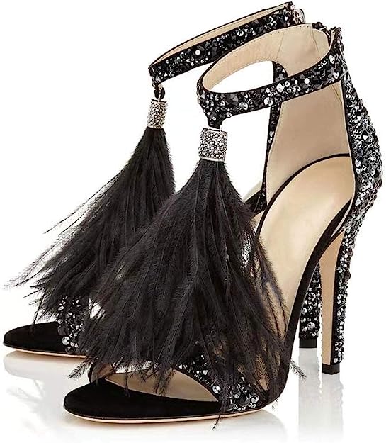 Black Feather Rhinestone Ankle Strap Glitter Tassel Dress Heels