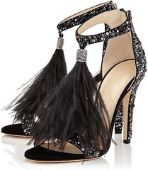 White Feather Rhinestone Ankle Strap Glitter Tassel Dress Heels