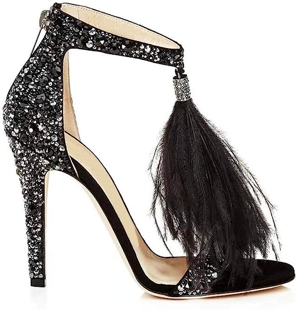 White Feather Rhinestone Ankle Strap Glitter Tassel Dress Heels