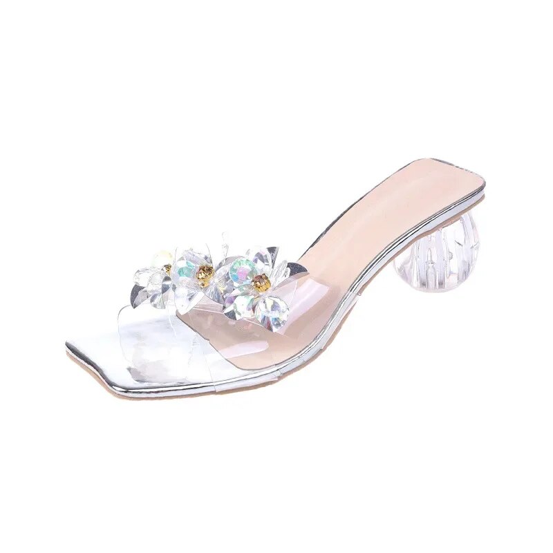 Crystal Sandals Elegant Middle Heels Women slippers Summer Shoes Open Toe Sandal Chunky Heels Woman Red Gold Sliver