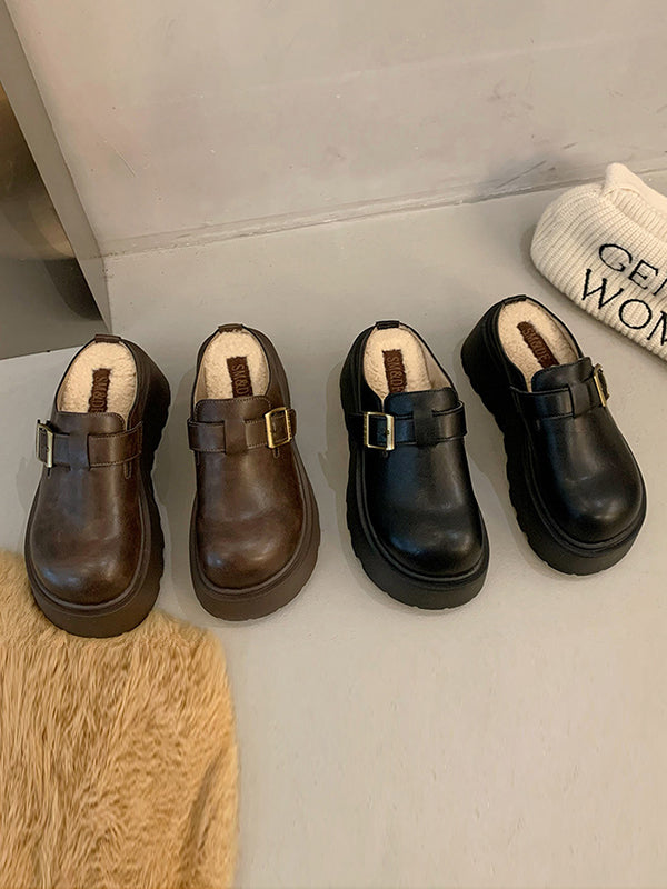 Belt Buckle Round-Toe Split-Joint Loafers Platform Shoes Slippers&Mules