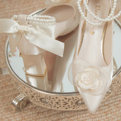 Bridal Shoes 2024 New Flower High Heel Pumps Women Elegant Pearl Strap Wedding Party Shoes Woman Silk Pointed Toe Zapatos Mujer
