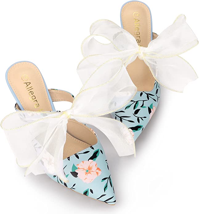 Chiffon Bow Black Floral Pointed Toe Heels