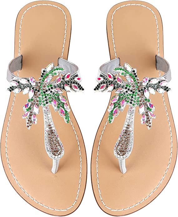 Bohemian Palm Tree Silver Multi Color Rhinestone T Strap Sandals