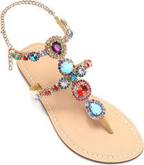 Beaded Blue/Orange Rhinestone T-Strap Summer Elegant Sandal
