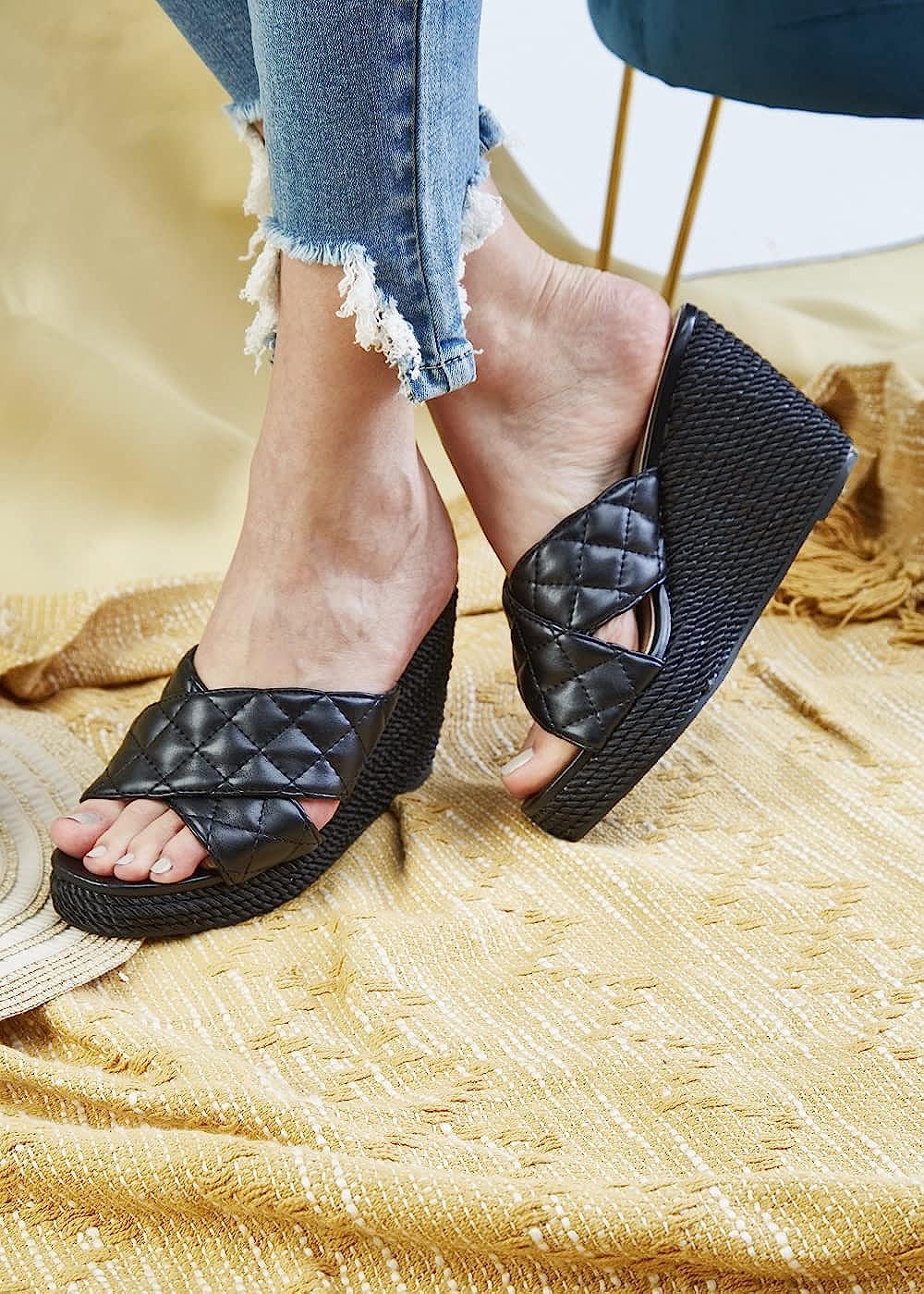 Braided Black Open Toe Wedge Sandals