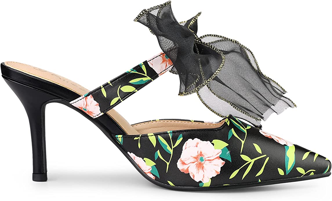 Chiffon Bow Blue Floral Pointed Toe Heels