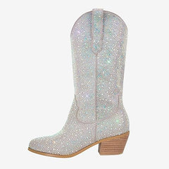 Rhinestone Knee High Sequin Silver Cowboy Boots