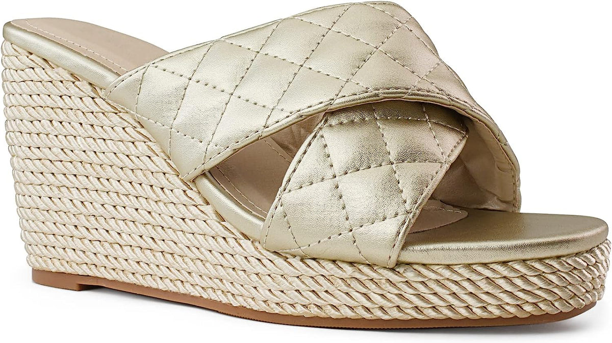 Quilted Beige Open Toe Wedge Sandals