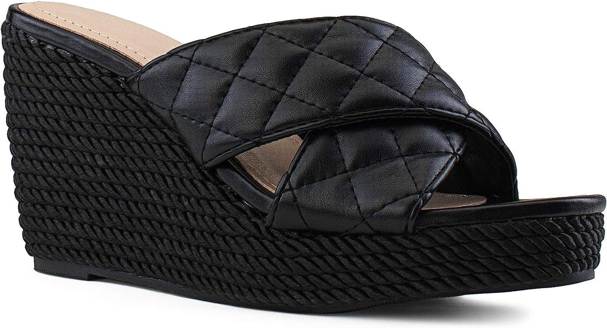 Quilted Black Open Toe Wedge Sandals