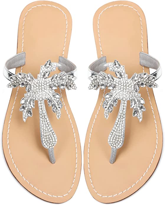 Bohemian Palm Tree Silver Rhinestone T Strap Sandals