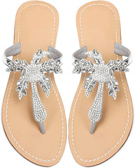 Bohemian Palm Tree Silver Rhinestone T Strap Sandals