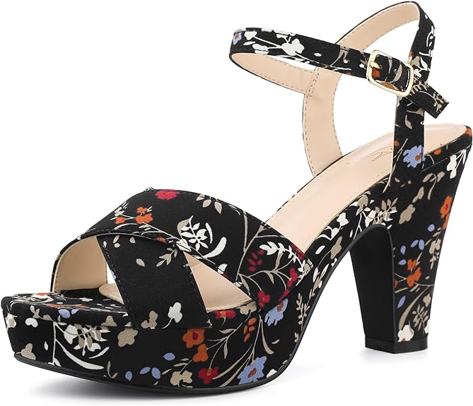 Blue Floral Platform Heel Sling Back Sandals