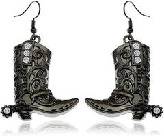 Western Black Dangle Drop Texas Boots Earrings