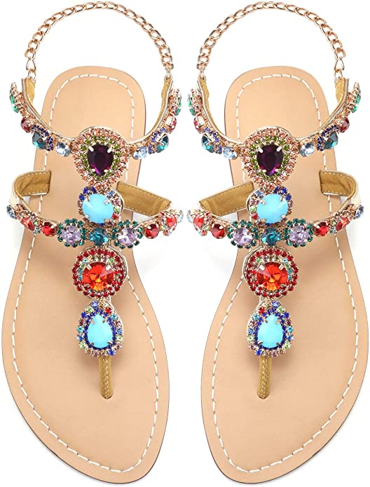 Beaded Blue/Orange Rhinestone T-Strap Summer Elegant Sandal