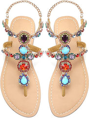 Beaded Blue/Orange Rhinestone T-Strap Summer Elegant Sandal