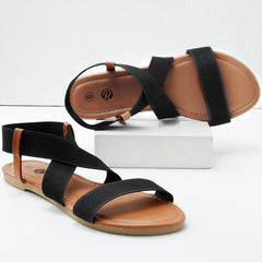 Cross Strap Black Non Slip Flat Elastic Sandals