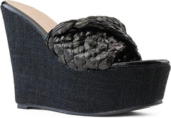 Quilted Black Open Toe Wedge Sandals