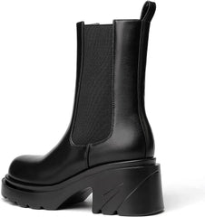 Platform Black Mid Calf Chunky Block Chelsea Boots