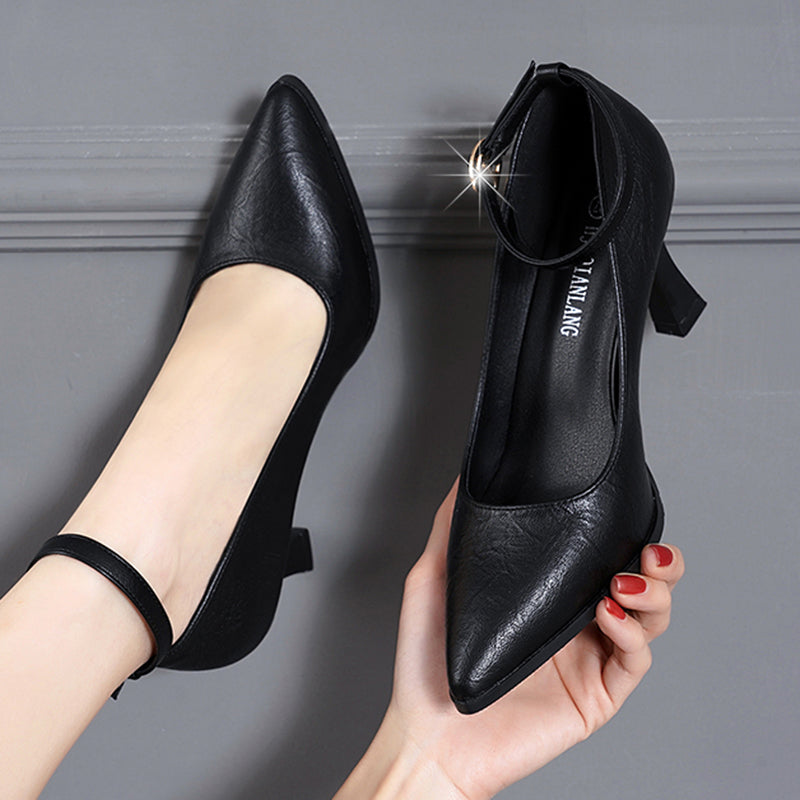 Classic Black Thin Heels Pumps Women Pointed Toe Ankle Strap High Heels Shoes Woman Pu Leather Soft Sole Office Shoes