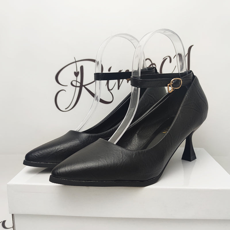 Classic Black Thin Heels Pumps Women Pointed Toe Ankle Strap High Heels Shoes Woman Pu Leather Soft Sole Office Shoes