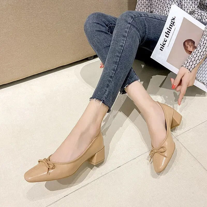 Bow Ballet High Heels Shoes Woman Basic Pumps Fashion  Round Bow Work Shoe Fashion Party Women Shoes Pump zapatos de mujer