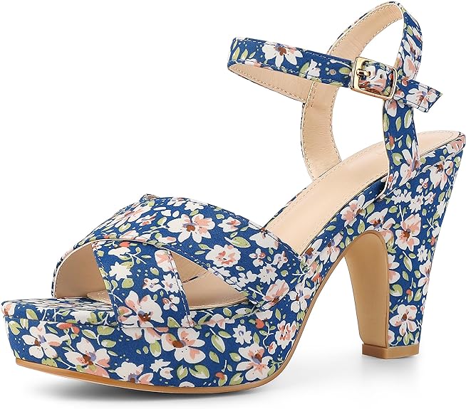 Black Floral Platform Heel Sling Back Sandals