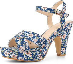 Blue Floral Platform Heel Sling Back Sandals