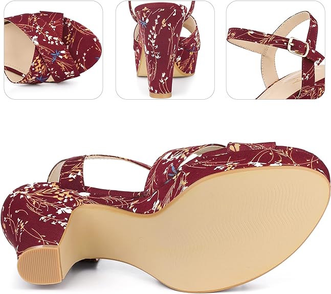 Burgundy Red Floral Platform Heel Sling Back Sandals