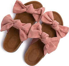 Summer Pink Knot Suede Leather Soft Cork Slip On Sandals