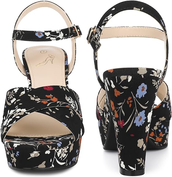 Black Floral Platform Heel Sling Back Sandals