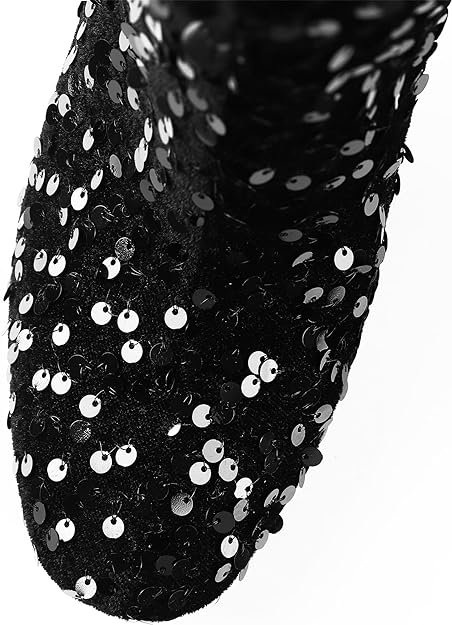Black Rhinestone Sequin Square Toe Mid Calf Boots
