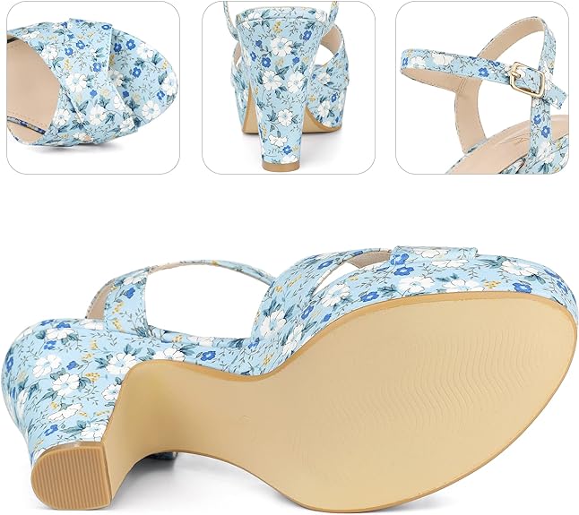 Blue Floral Platform Heel Sling Back Sandals