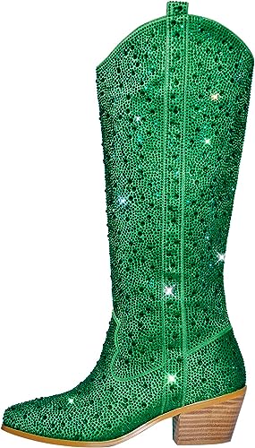 Rhinestone Knee High Sequin Green Cowboy Boots