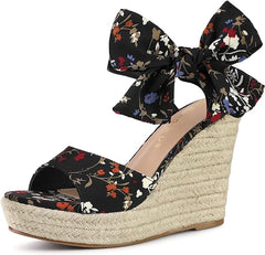 Platform Floral Black Wedge Sandals