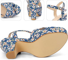 Blue Floral Platform Heel Sling Back Sandals