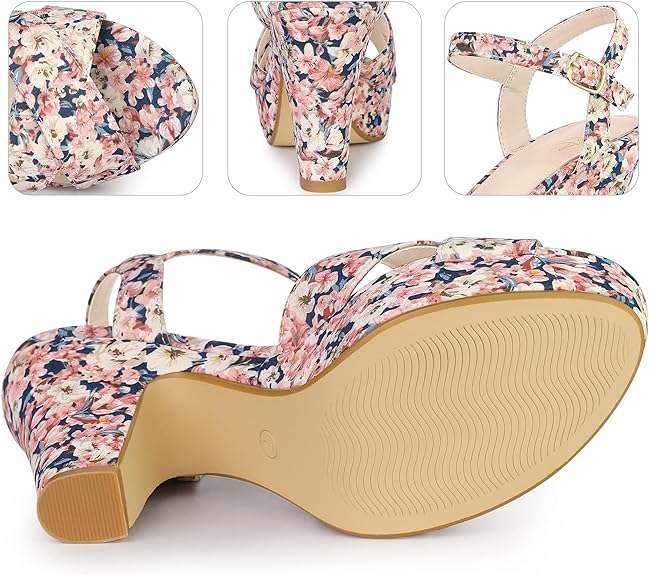 Black Floral Platform Heel Sling Back Sandals